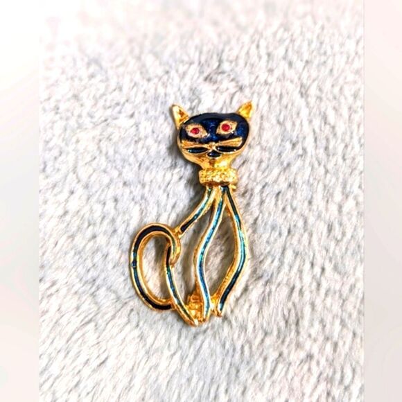 Vintage 80's Enamel and Goldtone Cat Brooche - Picture 9 of 9